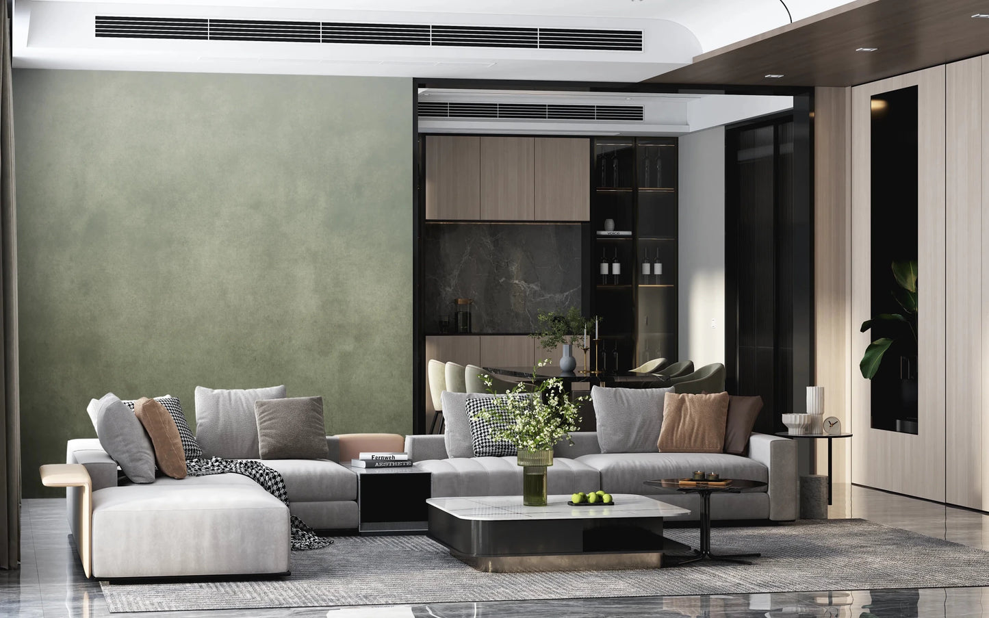 Ombre Sage wall mural in a modern living room with grey sectional sofa and marble coffee table