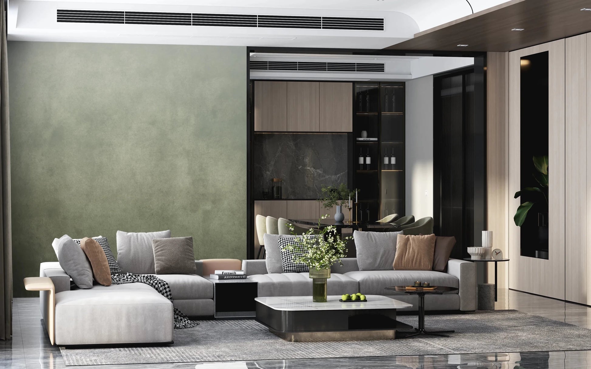 Ombre Sage wall mural in a modern living room with grey sectional sofa and marble coffee table