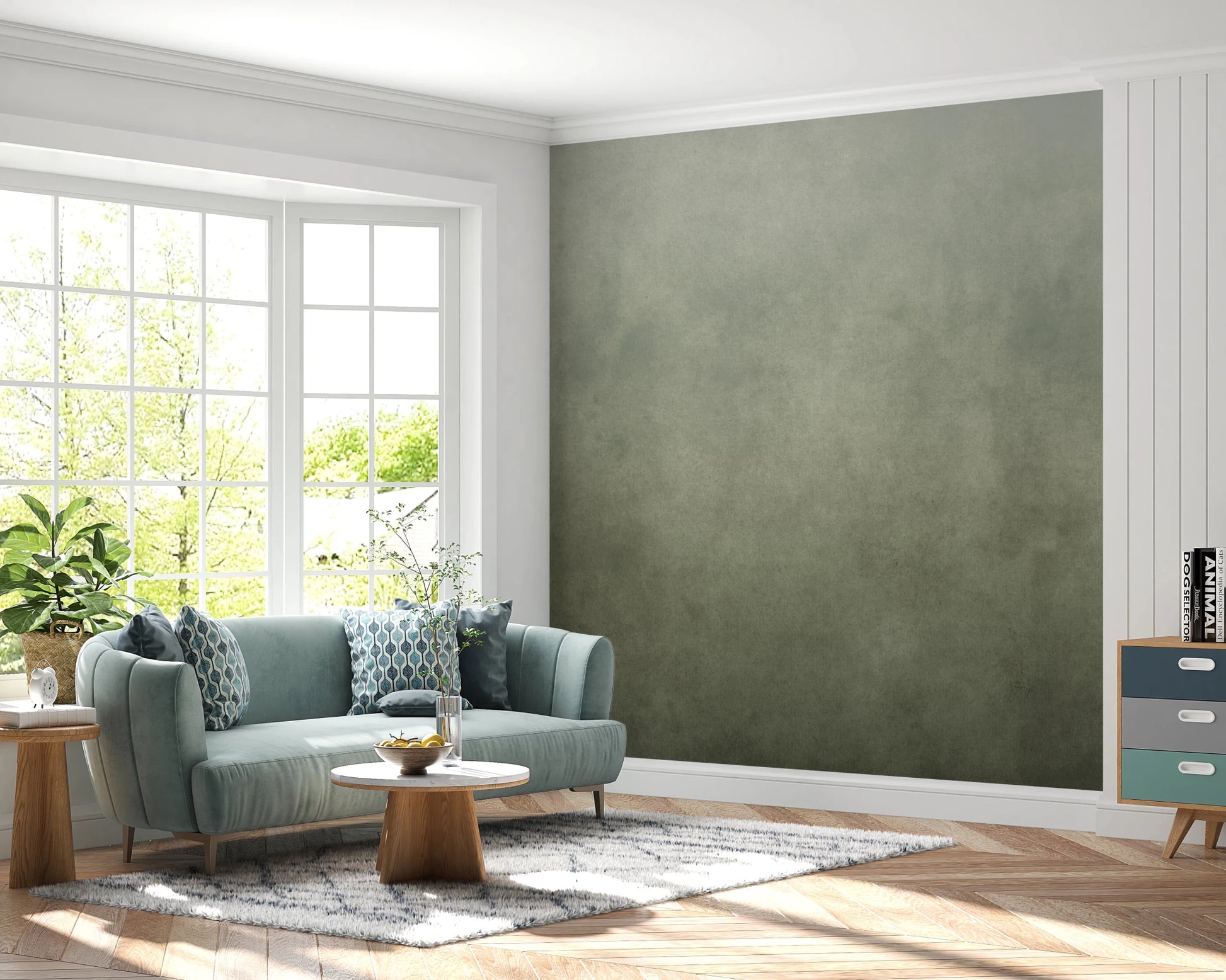 Ombre Sage wall mural in a living room with sage-green velvet sofa beside a sunny bay window