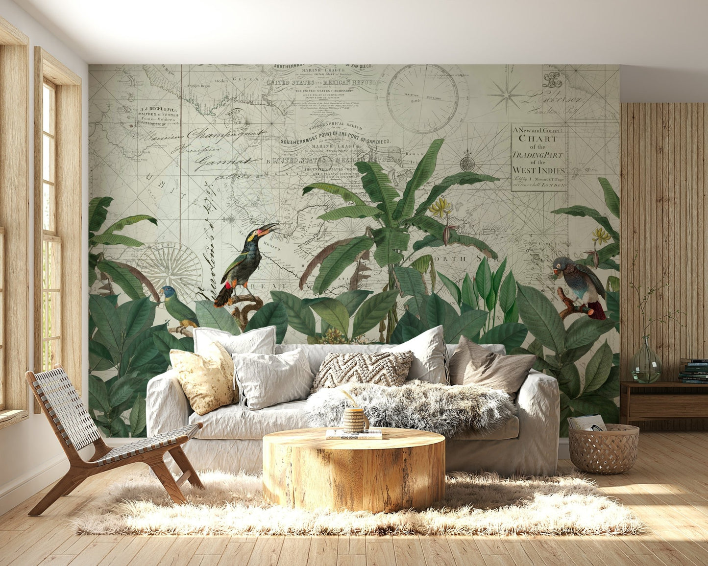 Discover The Tropical Vintage World wallpaper mural of a West Indies chart with palms and toucans behind a white sofa