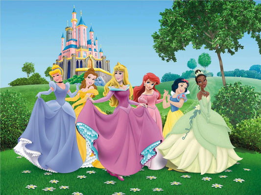 Disney Princesses kids room wall mural with grand palace and soft garden elements.