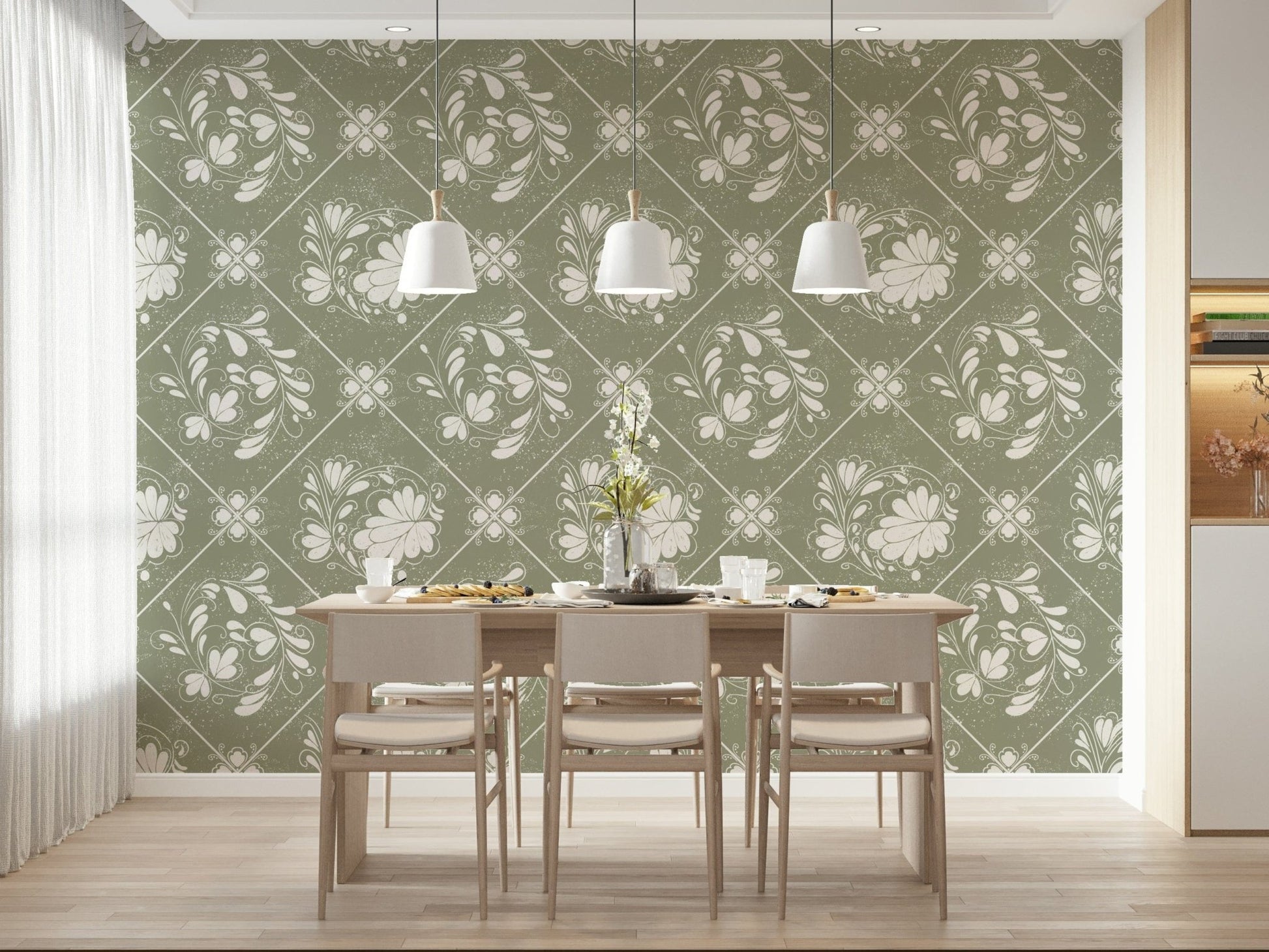 Distressed Diamond Flora Wallpaper on feature wall in flat lounge, calm décor with simple textures