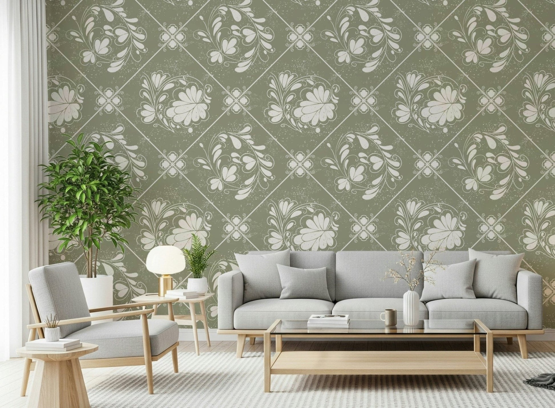 Distressed Diamond Flora Wallpaper in entryway, floral print with console table and neutral rug