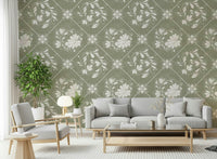 Distressed Diamond Flora Wallpaper in entryway, floral print with console table and neutral rug
