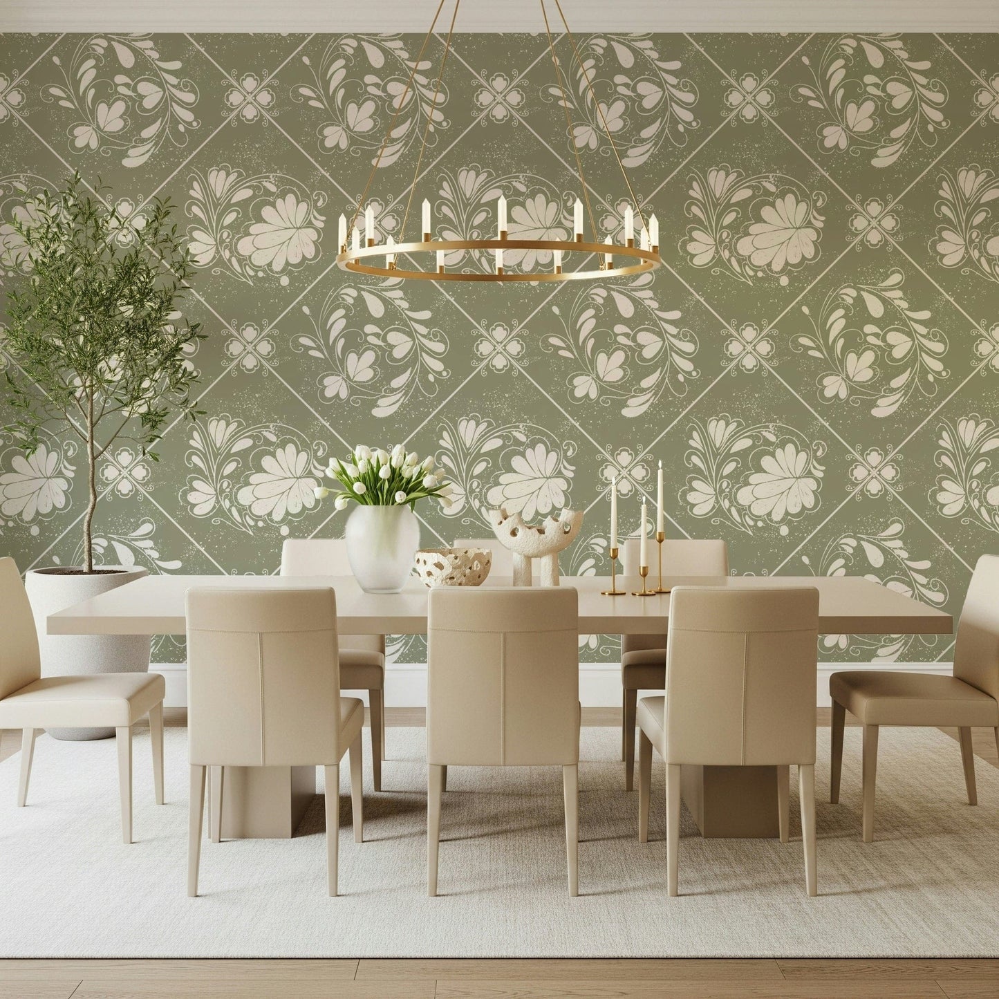 Floral geometric wallpaper in hallway, distressed finish with warm lighting and clean décor