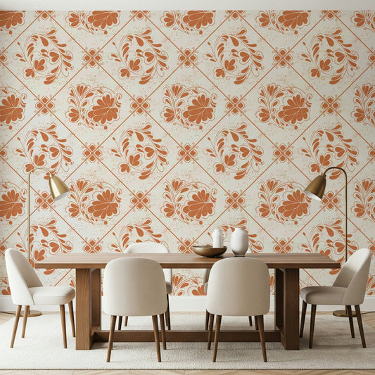 Distressed Floral Squares Wallpaper in living space, faded floral grid, neutral colour feature wall