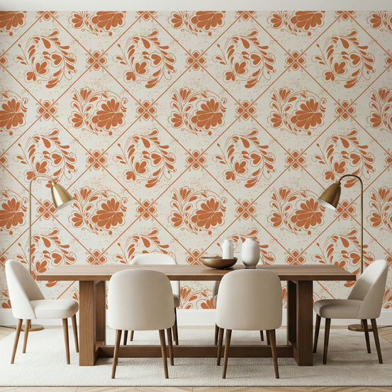 Distressed Floral Squares Wallpaper in living space, faded floral grid, neutral colour feature wall
