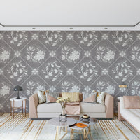 Distressed Floral Tiles Wallpaper on dining room accent wall, muted tones with modern table set