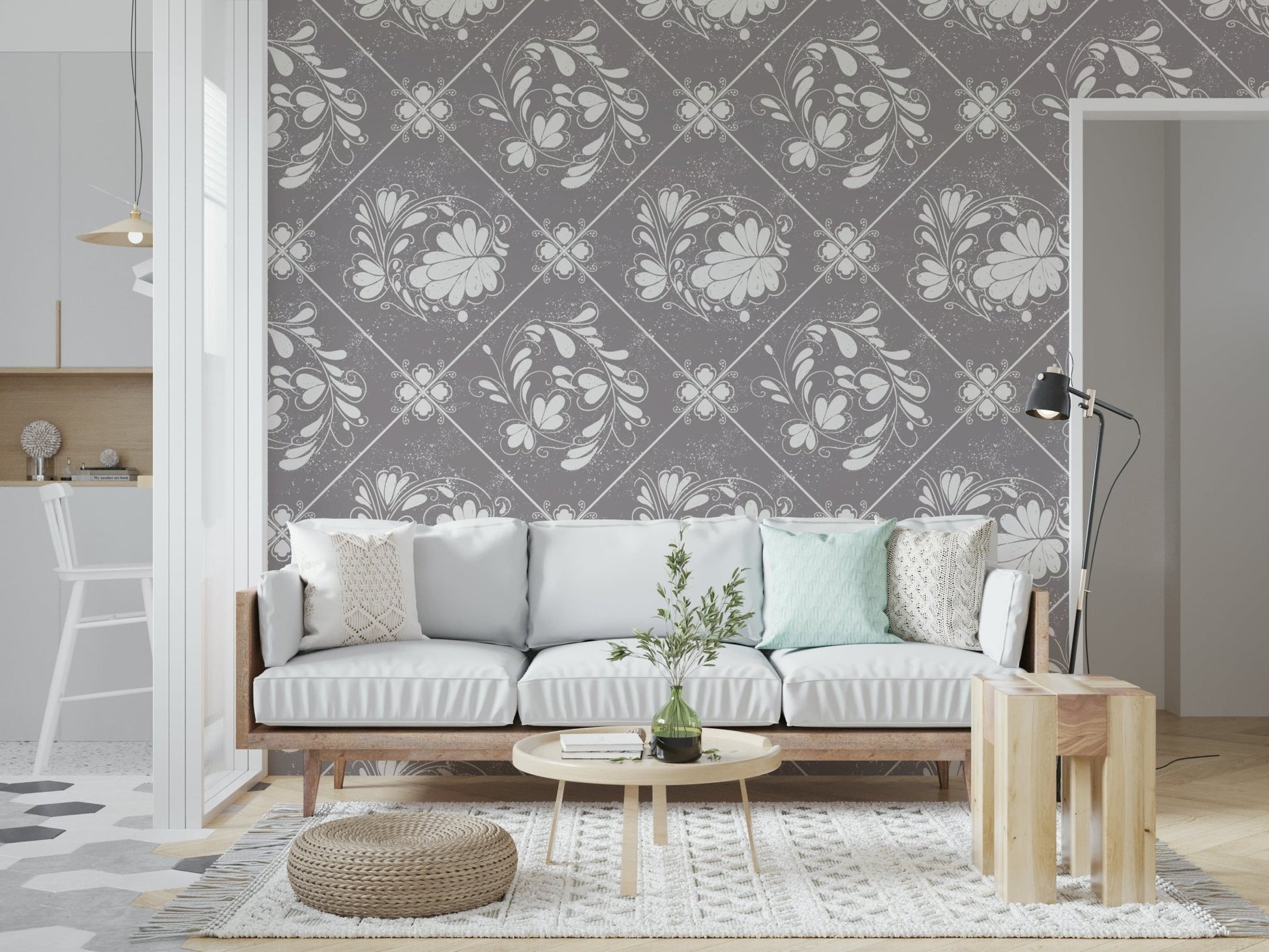 Distressed floral tiles wallpaper in café-style nook, warm lighting and natural wood accents