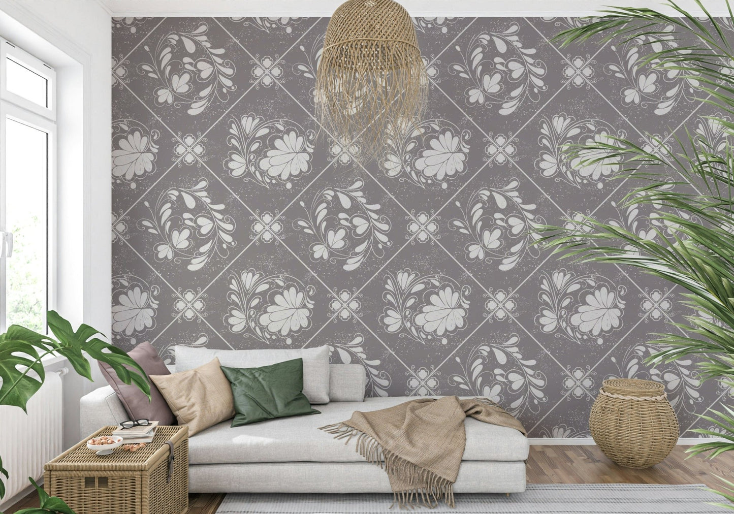 Vintage floral tile wallpaper in apartment bathroom, soft color pattern behind mirror and vanity