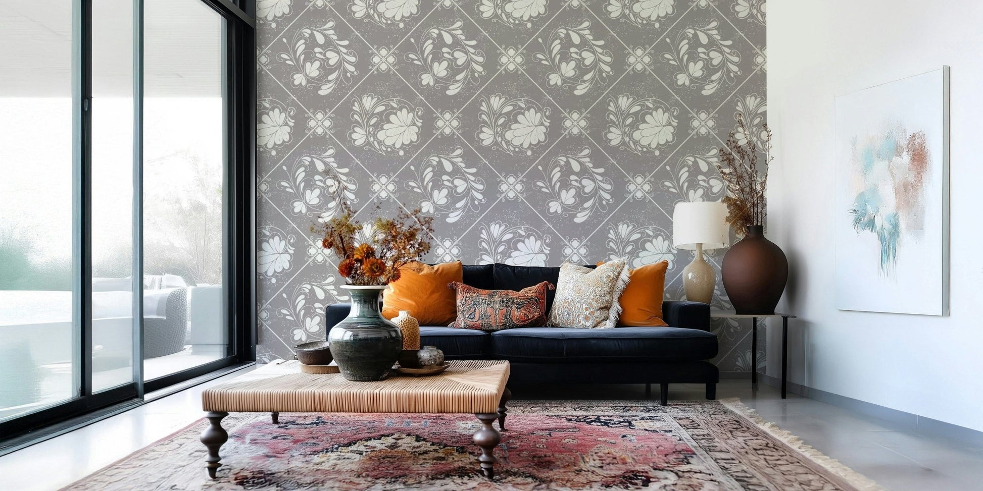 Floral tile wallpaper in home office, muted colors with simple desk and shelving