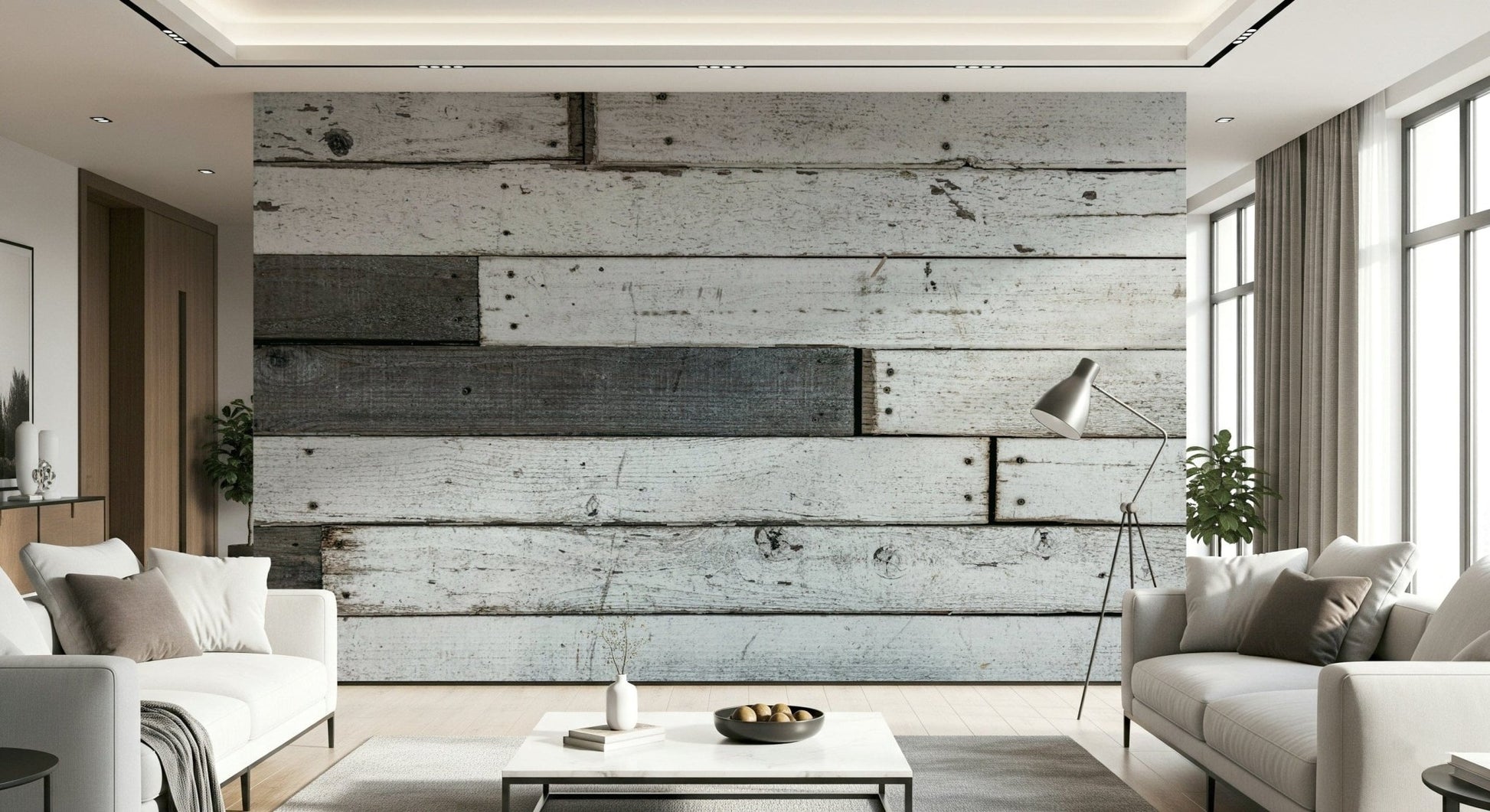 Textured mural with rough-hewn wooden panels adding warmth and character to modern rustic spaces.