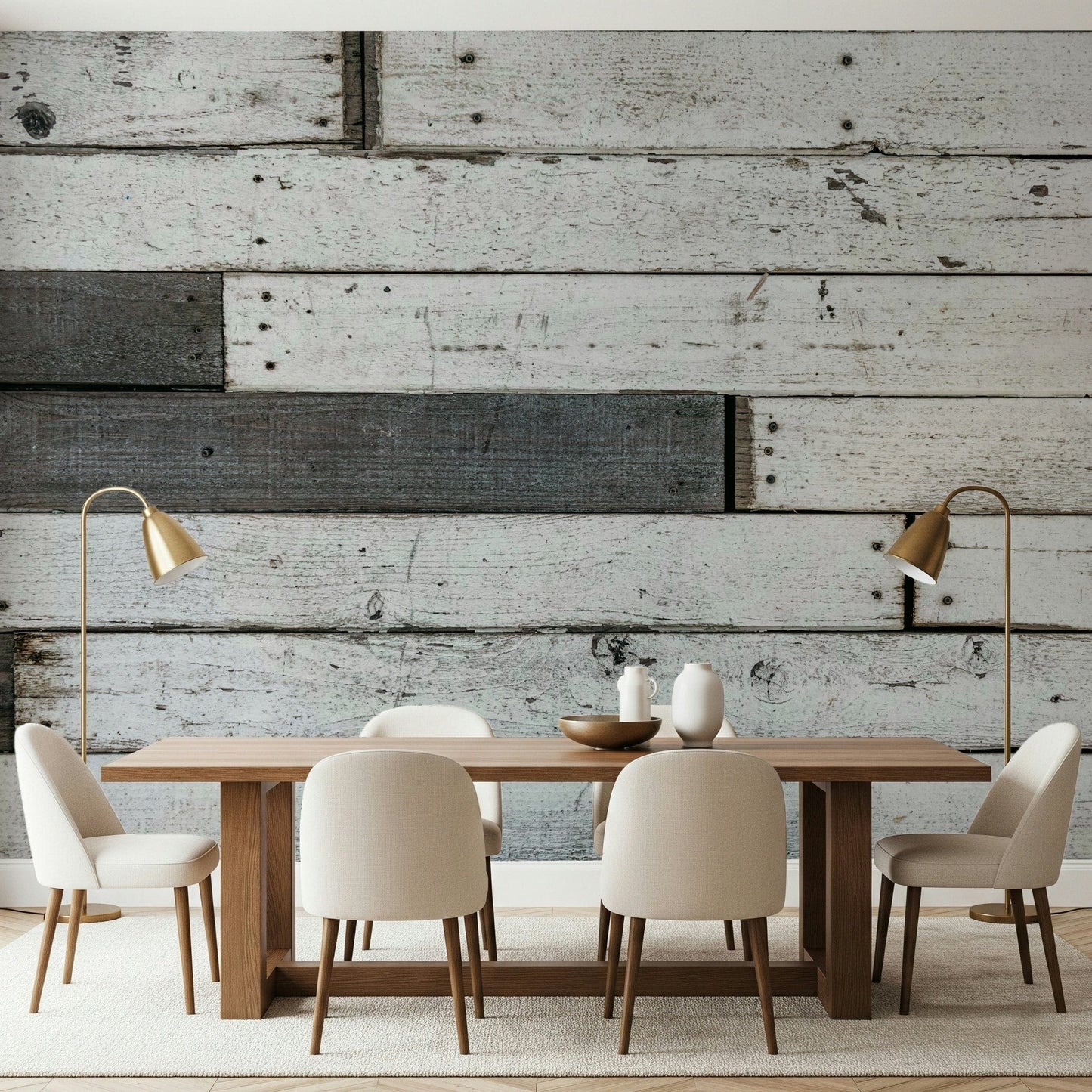 Rustic wood wallpaper mural with worn, layered panels for living rooms, lofts, or feature walls.