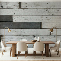 Rustic wood wallpaper mural with worn, layered panels for living rooms, lofts, or feature walls.