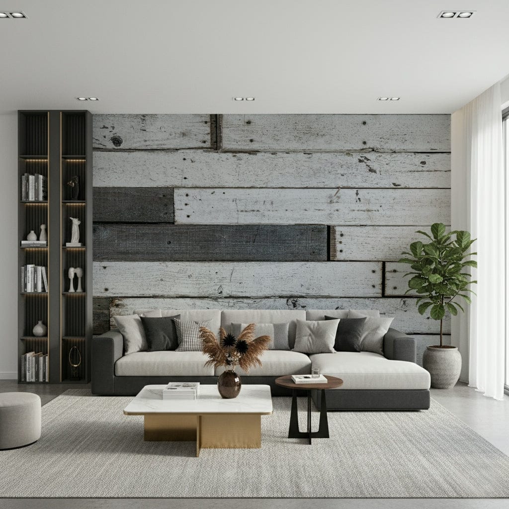 Distressed Wood Panel Wall Mural creating a warm, textured, and inviting backdrop for any room.
