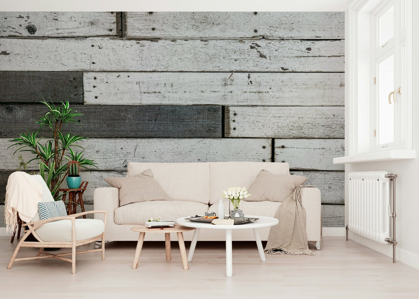 Wall mural showcasing distressed timber textures with subtle color variations for authentic rustic décor.