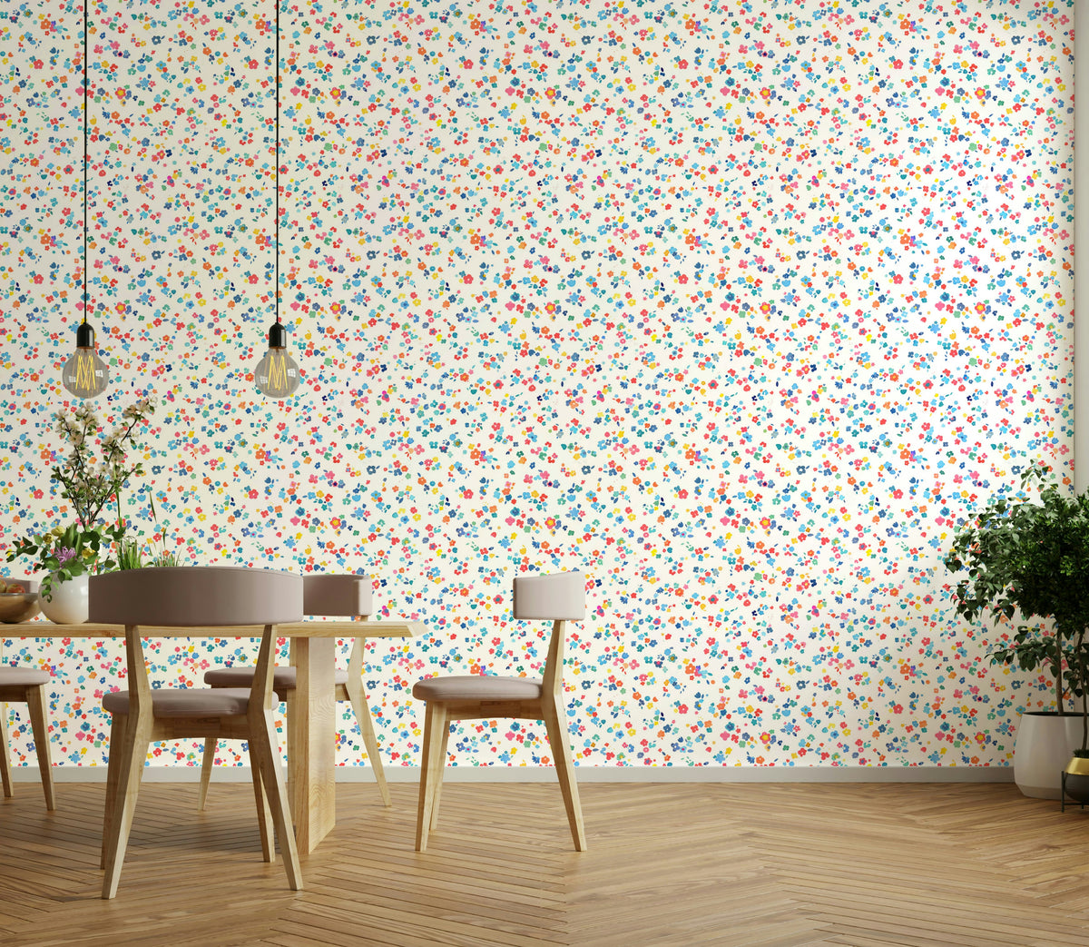 Small multicolor blossoms on a white wallpaper


