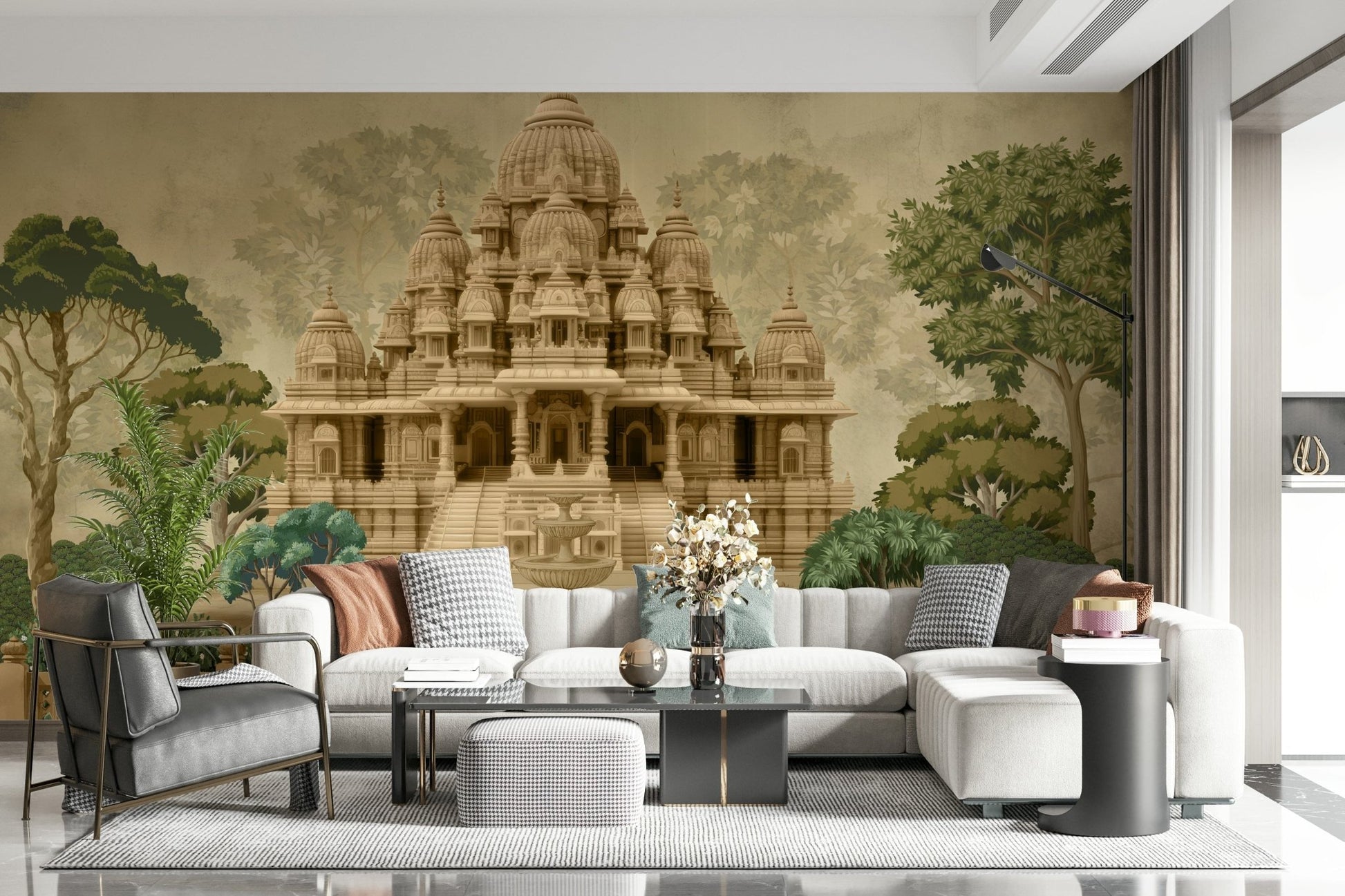 Wide view of Divine Devalaya mural covering a statement wall