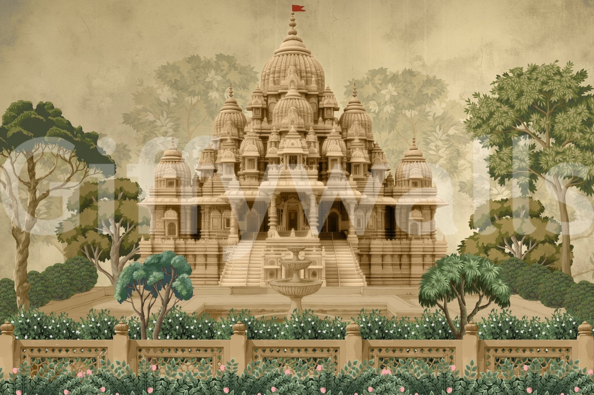 Divine Devalaya wall mural with decorative pillars and traditional styling