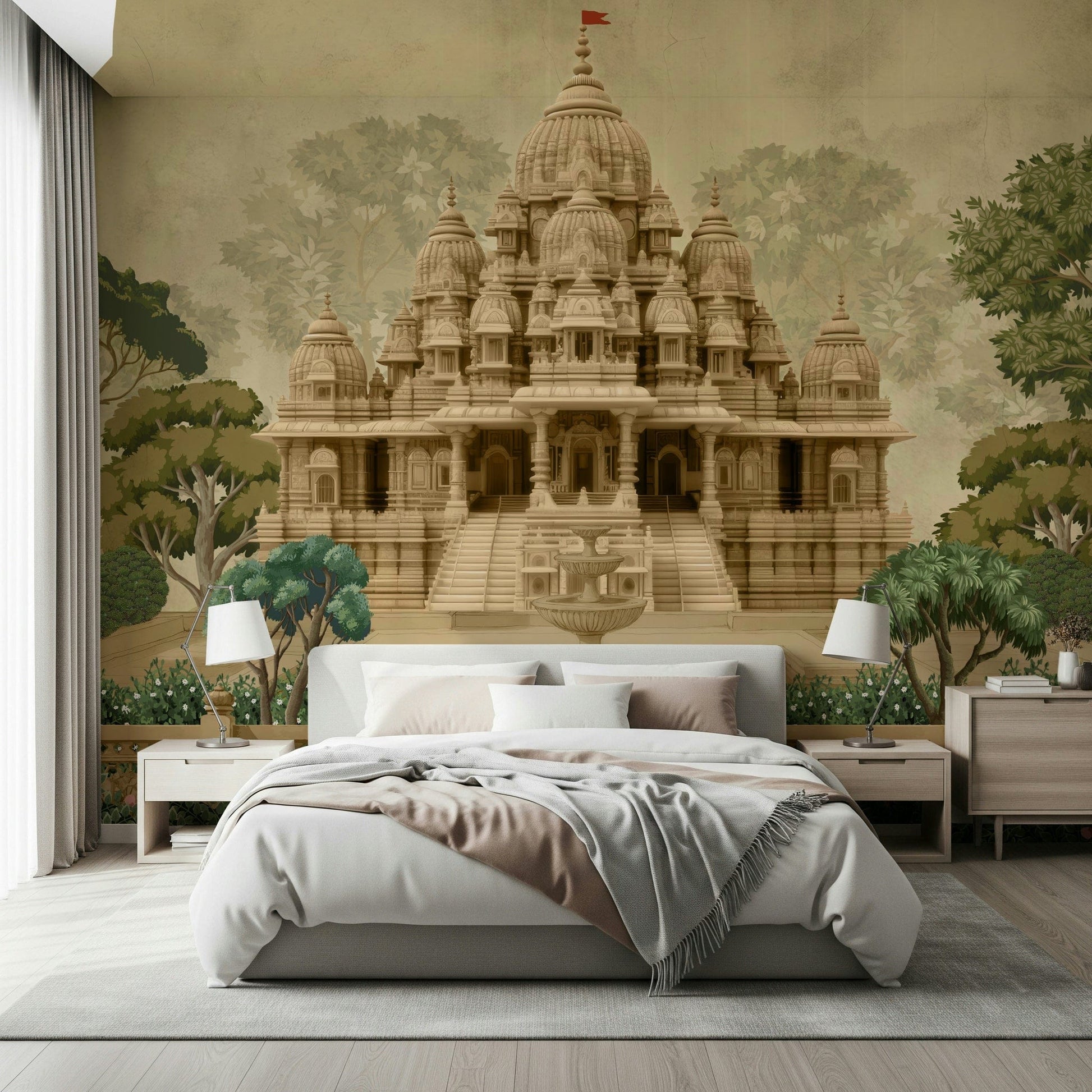 Divine Devalaya mural behind a console table in an entryway