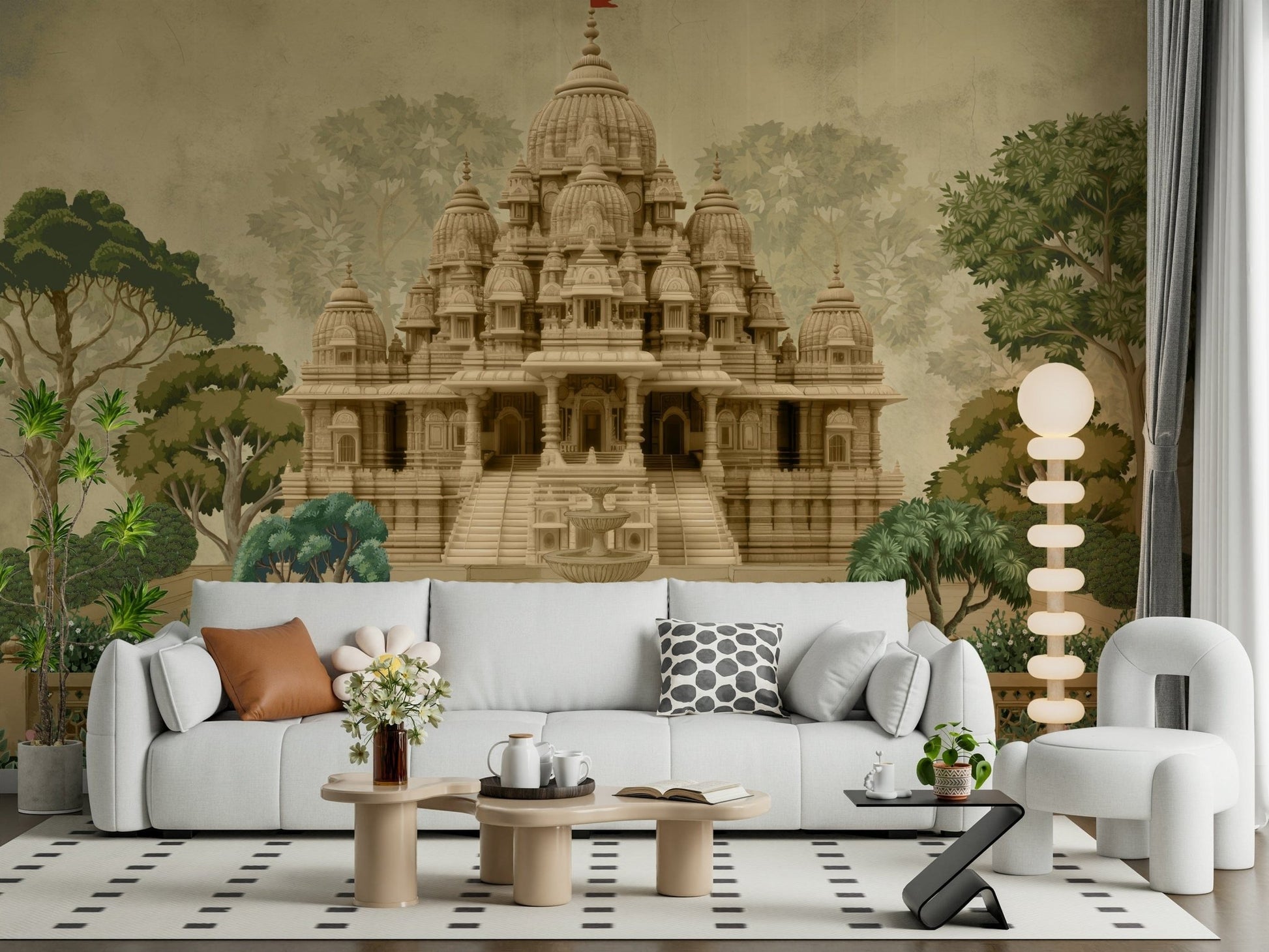Divine Devalaya mural design featuring traditional motifs and arches