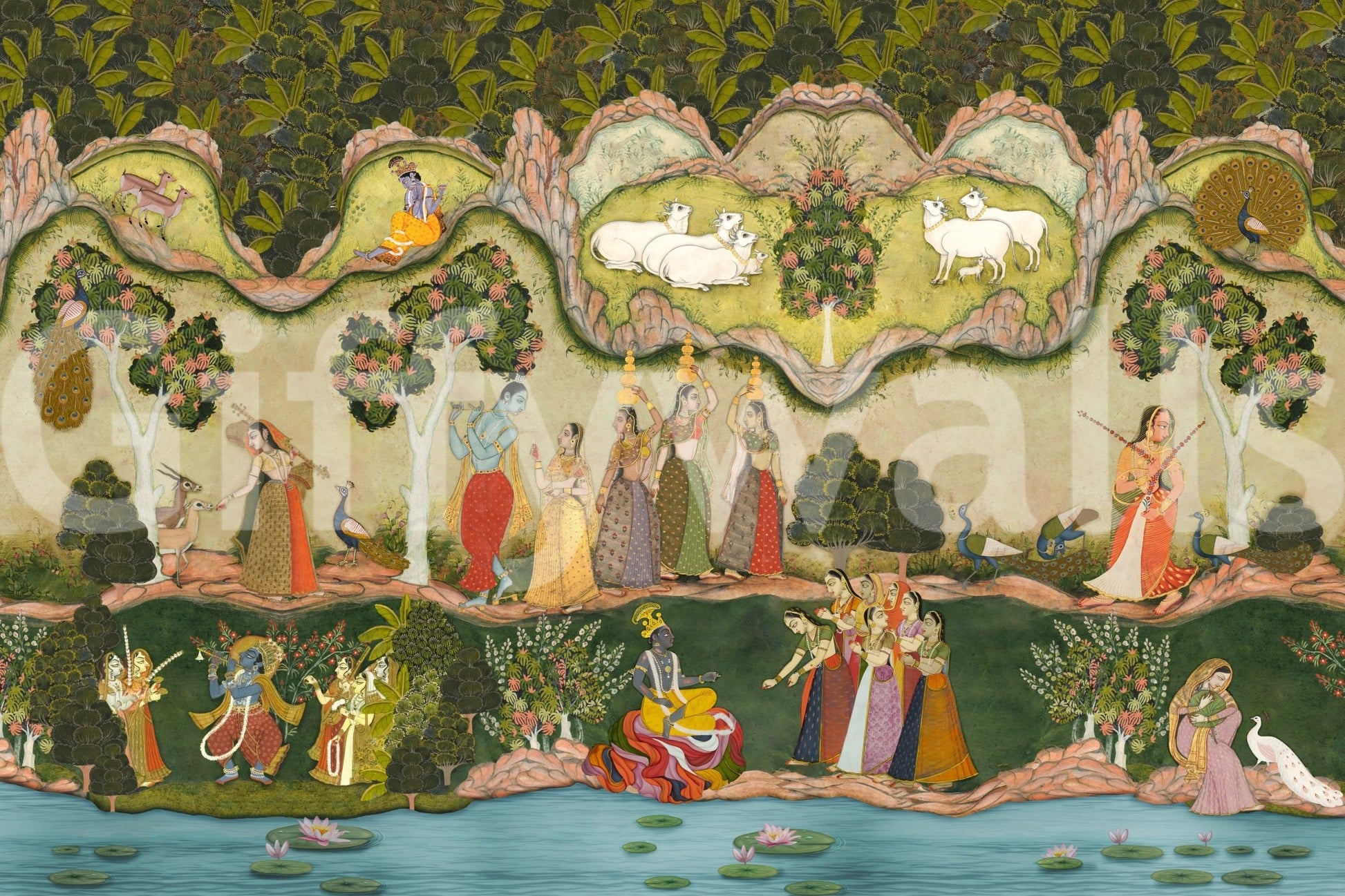 Peaceful divine scene with flute-playing Krishna wall mural