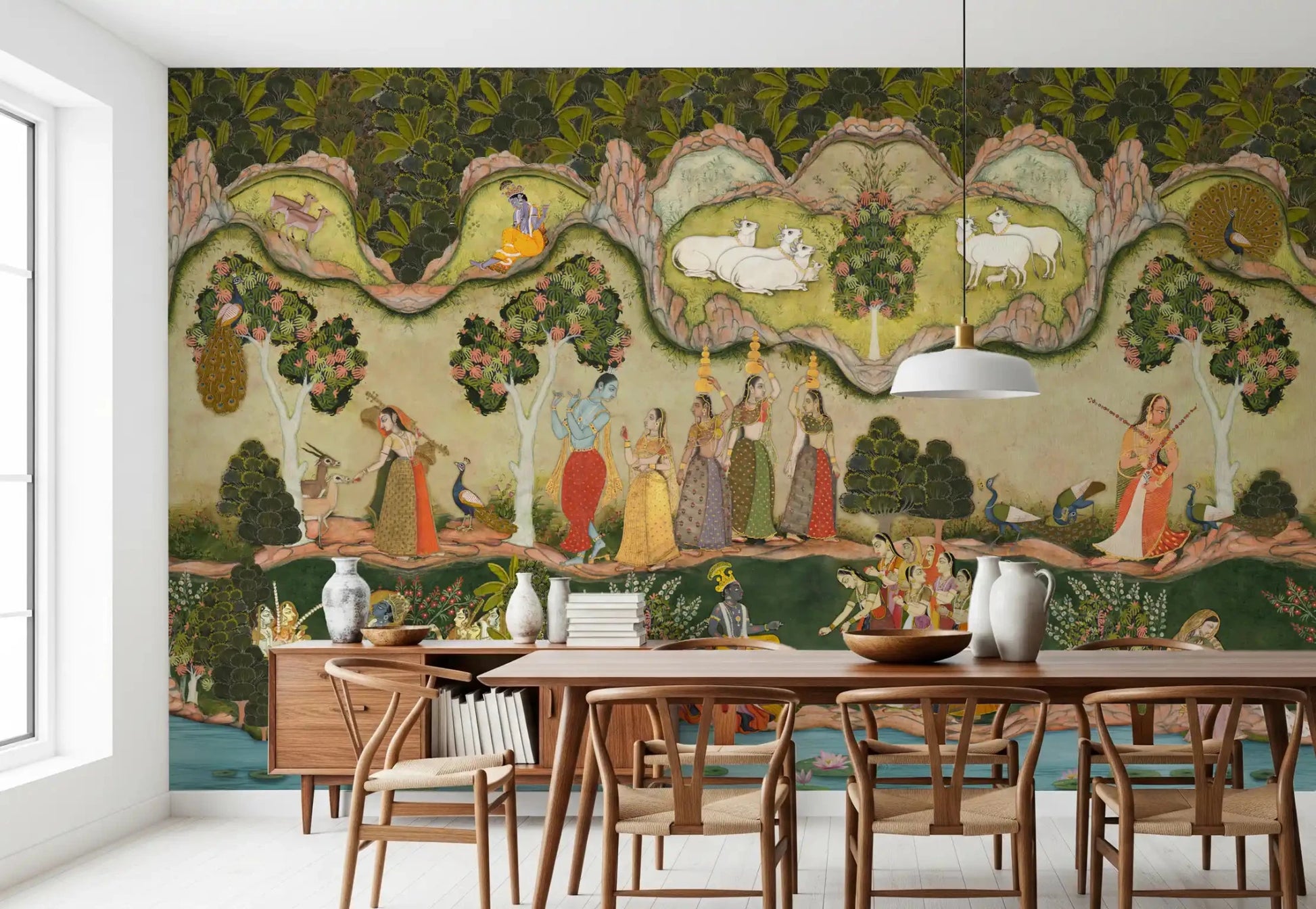 Krishna playing garden flute on the serene wall mural for dining room 