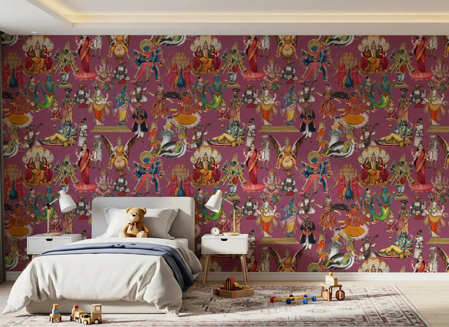 Divine Indian Pantheon wall mural showing Hindu mythology figures