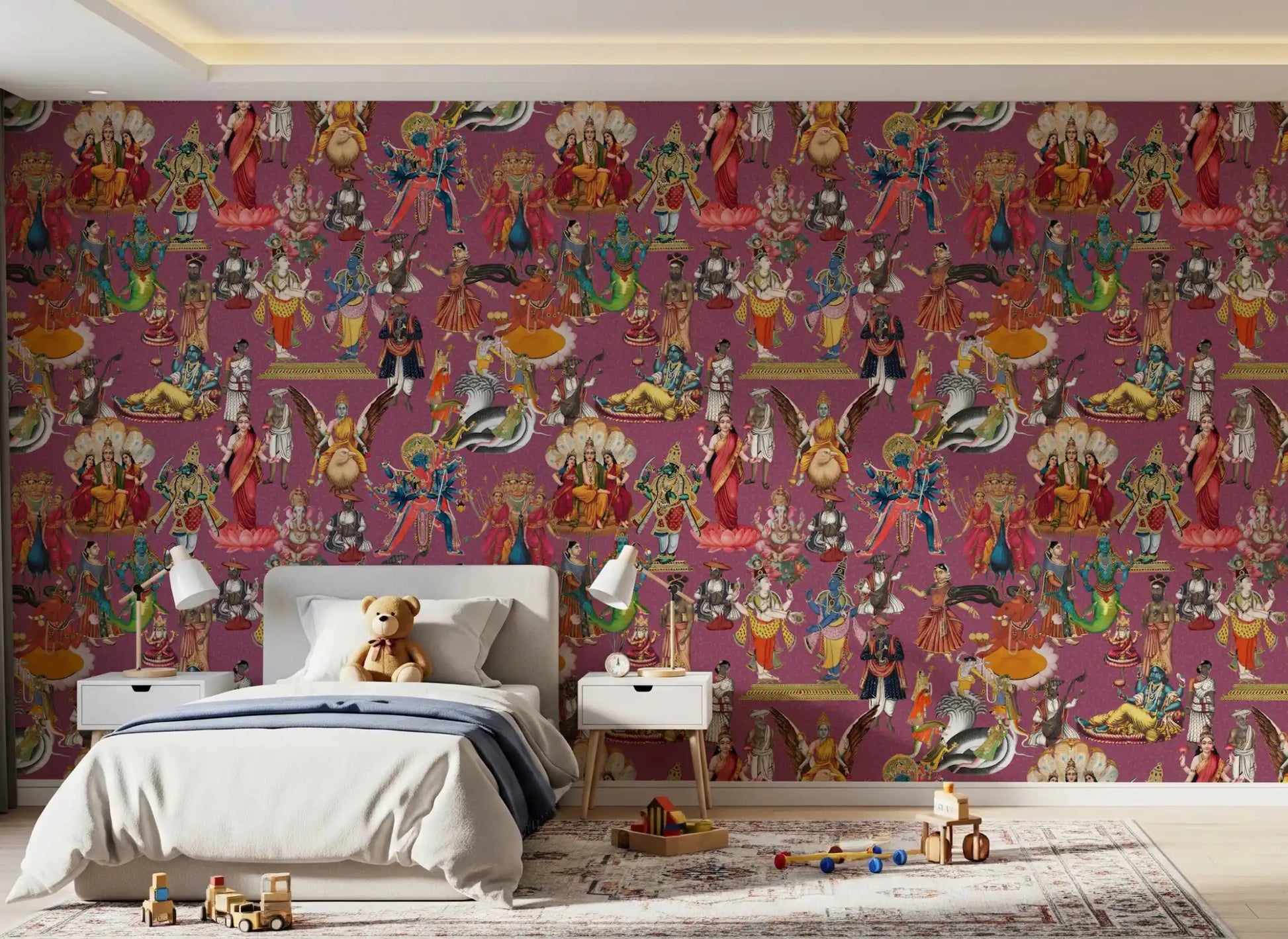 Divine Indian Pantheon wall mural showing Hindu mythology figures