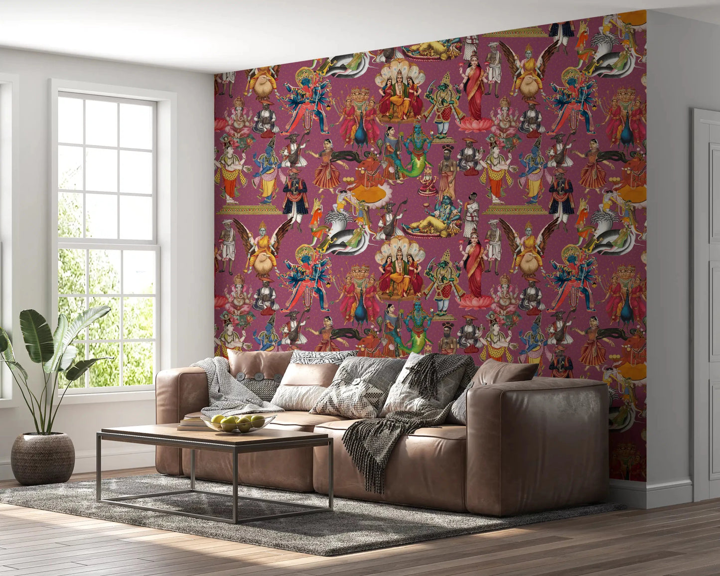 Divine Indian Pantheon wall mural displayed in living room setting