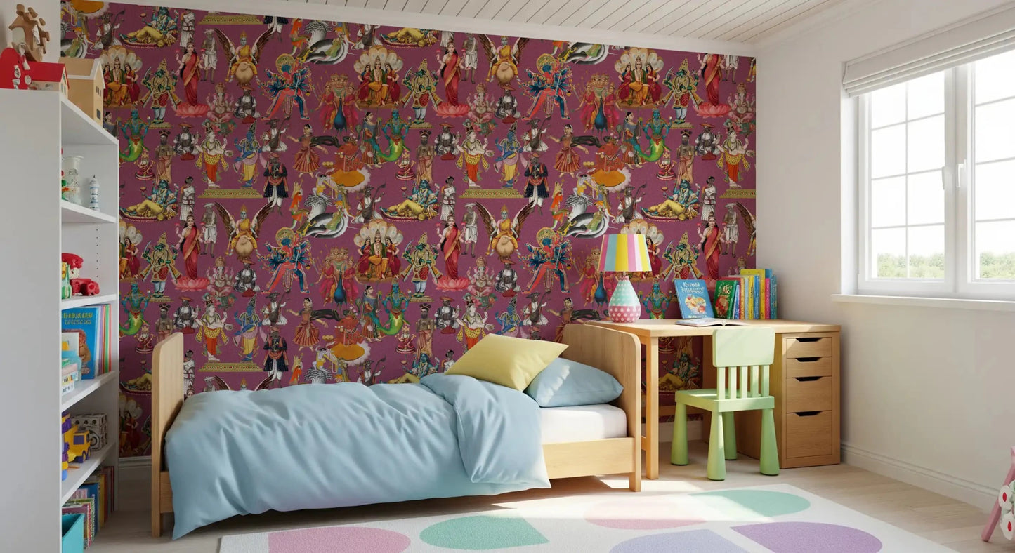 Divine Indian Pantheon wall mural featuring multiple deity figures
