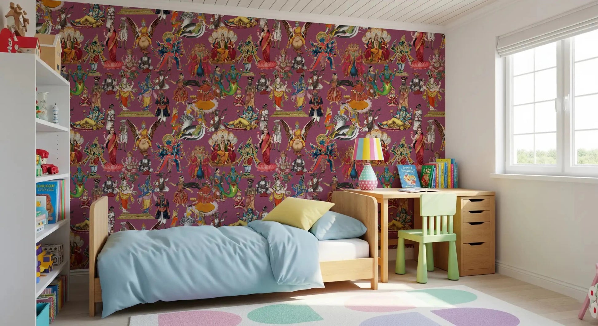 Divine Indian Pantheon wall mural featuring multiple deity figures