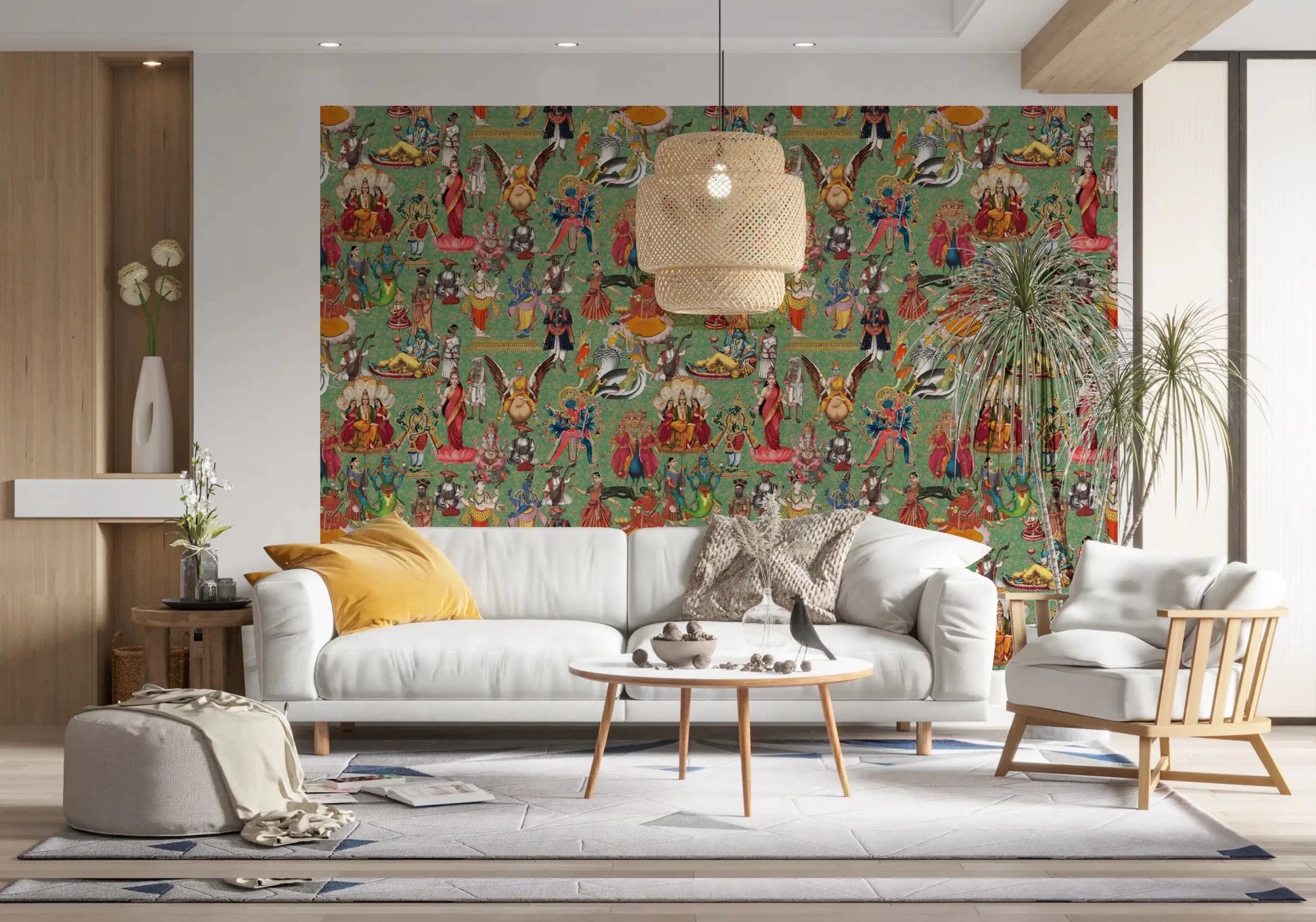 Sacred Hindu pantheon tapestry wall mural arranged in living room