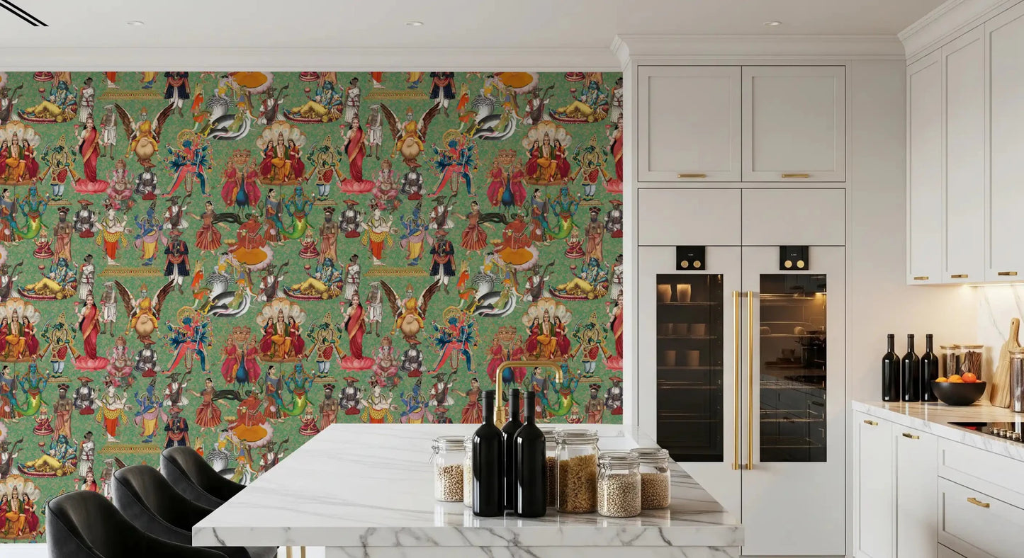 Traditional Hindu gods illustration wall mural shown in dining area