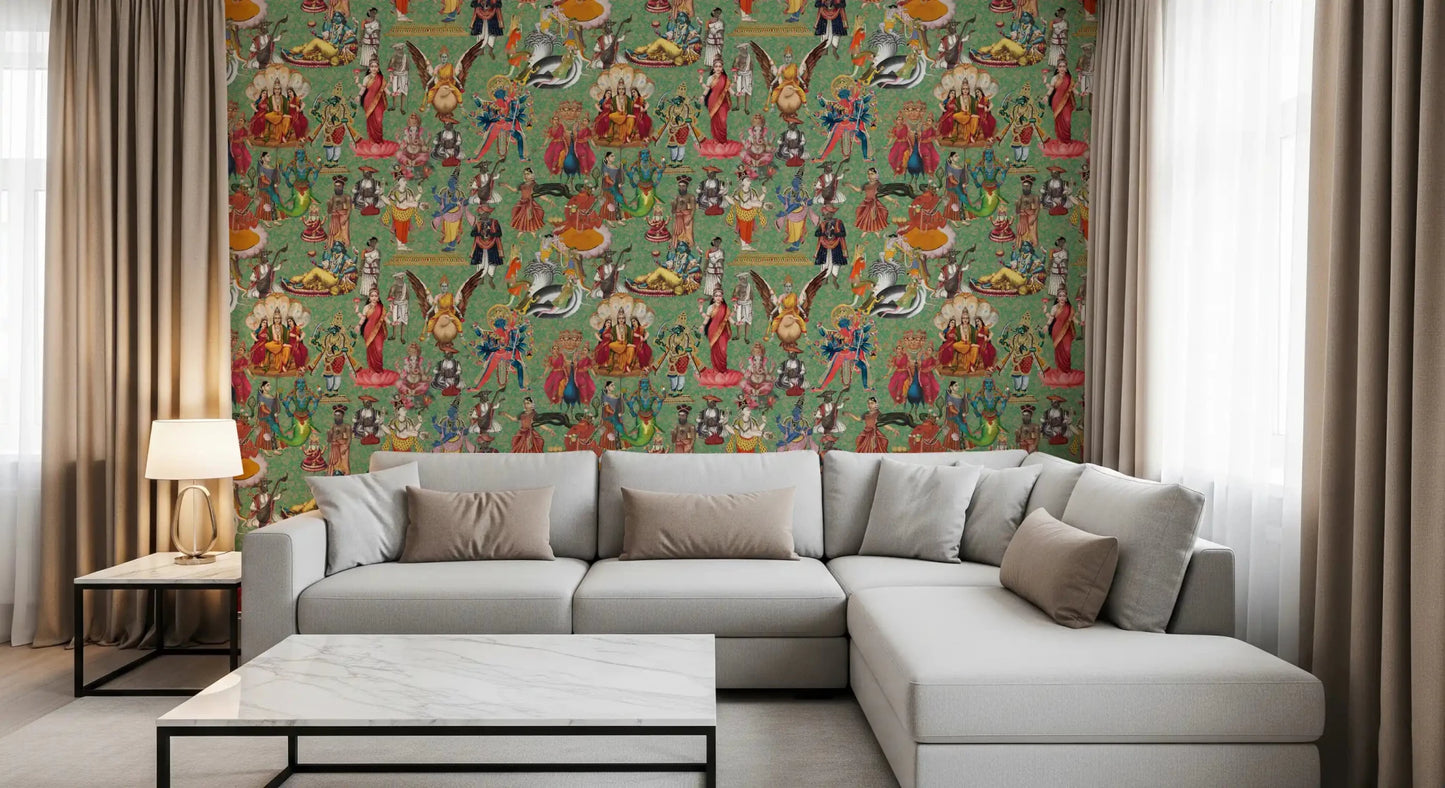 Divine Pantheon wall mural featuring multiple Hindu god figures
