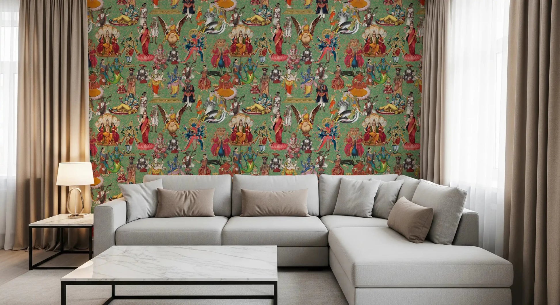 Divine Pantheon wall mural featuring multiple Hindu god figures
