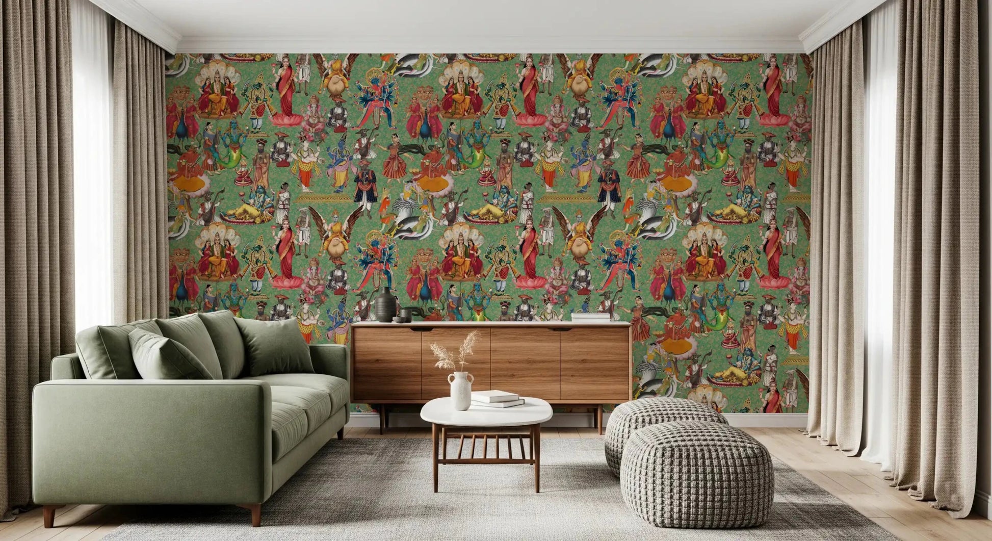 Divine Pantheon Hindu deities wall mural placed in living room setting