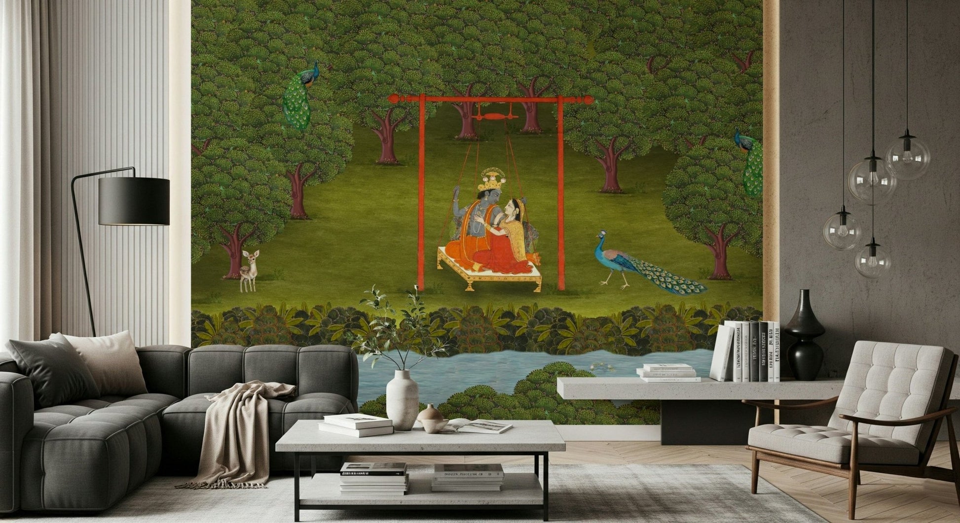 Soft pink and gold tones in a botanical mural for an apartment dining area.