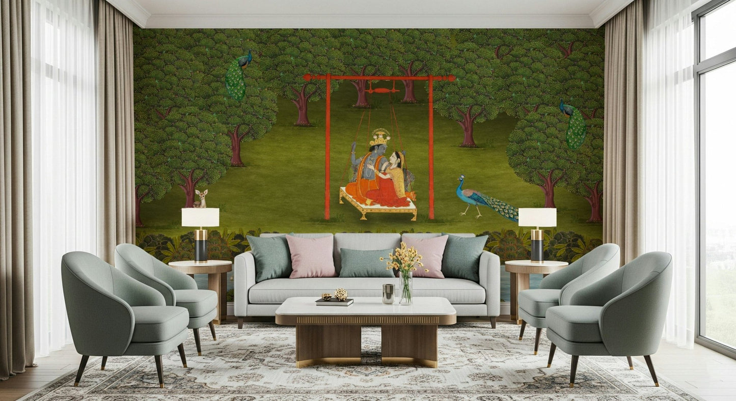 Ethereal garden landscape mural with soft sunlight and pastel colors in an apartment.