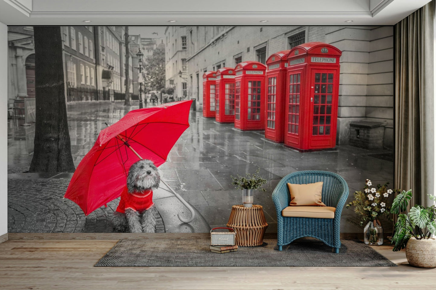 Grayscale buildings contrasting with red elements.

