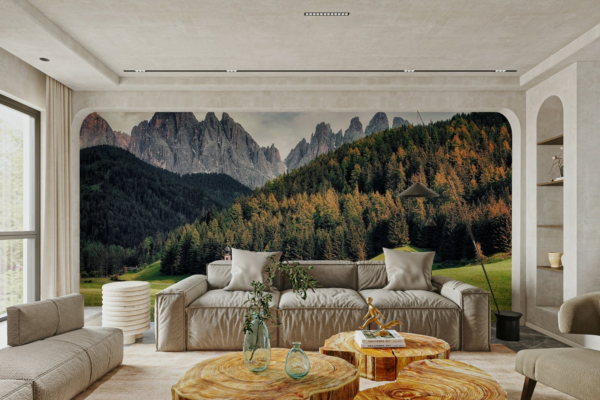 A peaceful mountain view mural on decorative wallpaper.

