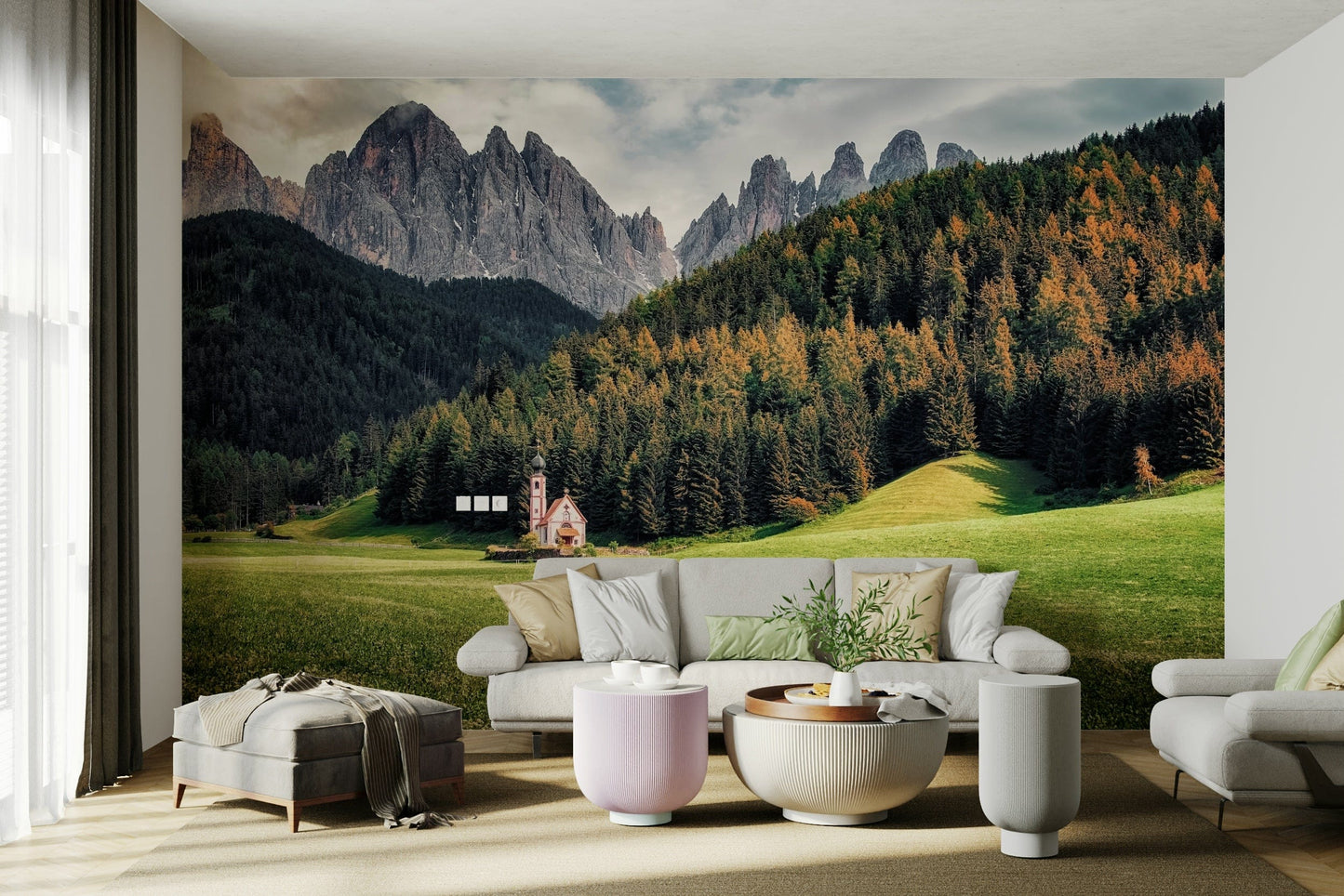 A graceful subtle peak wall mural in cool, natural tones.

