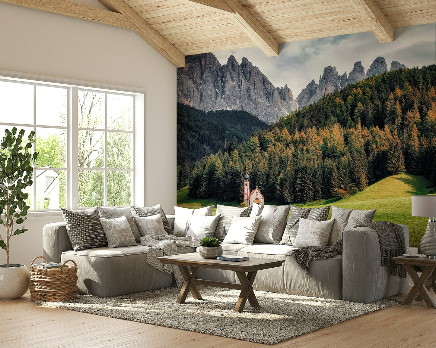 An artistic scenic vista mural on minimalist wallpaper.


