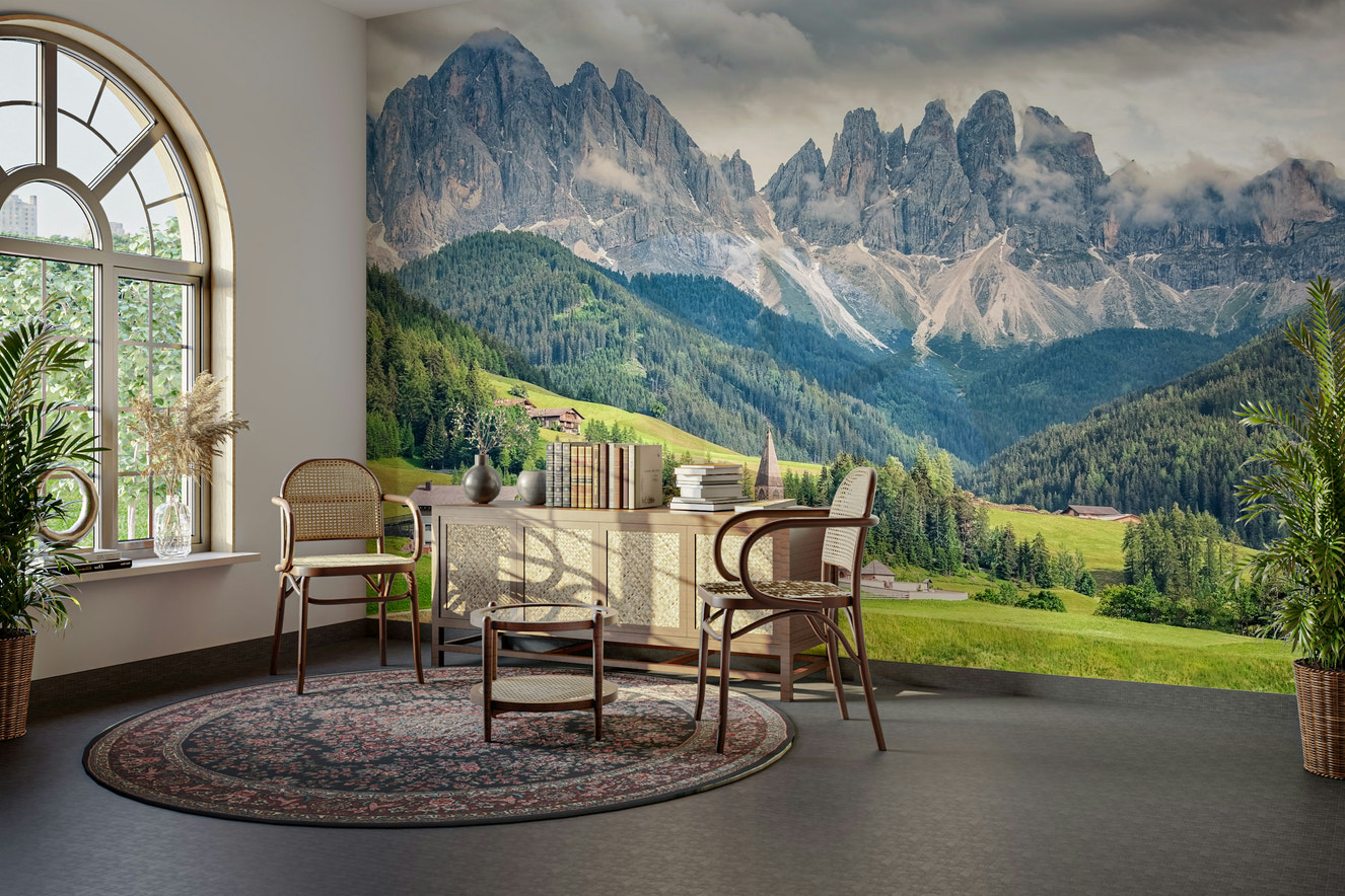 Dolomites dreamscape wallpaper mural with mountain view

