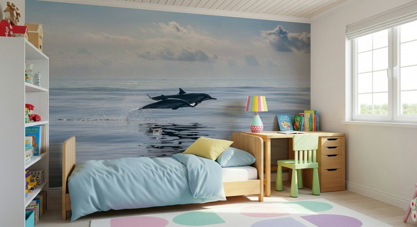 Coastal dolphin wallpaper mural behind sofa in apartment, calm sea colors, modern style