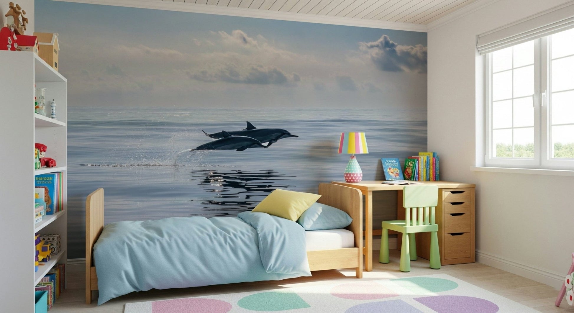 Coastal dolphin wallpaper mural behind sofa in apartment, calm sea colors, modern style