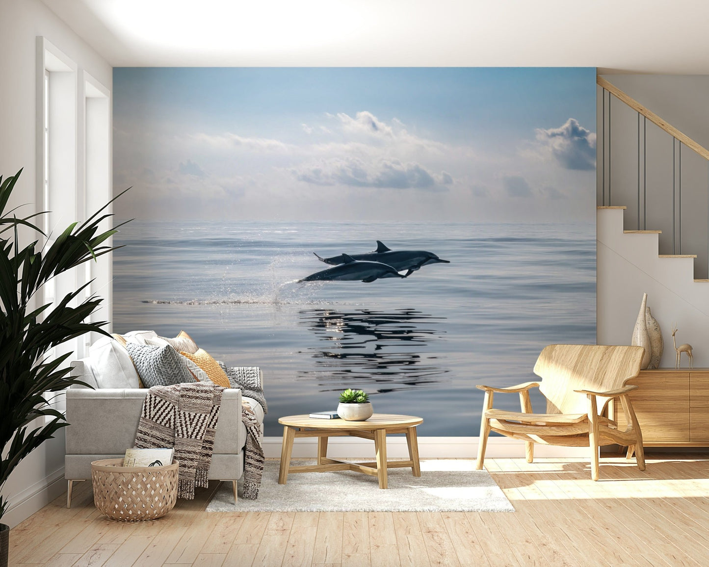 Modern home office with dolphin wall mural, ocean palette, calm wall decor backdrop