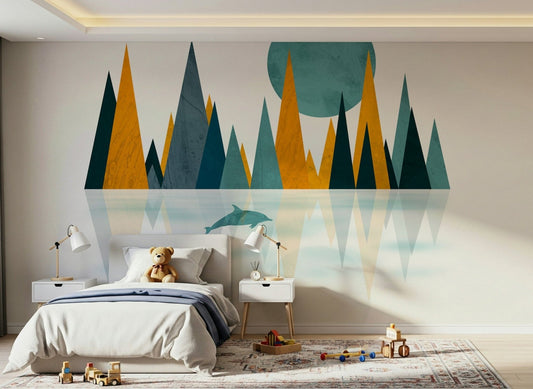 Dolphins Sunset wall mural ocean geometric art