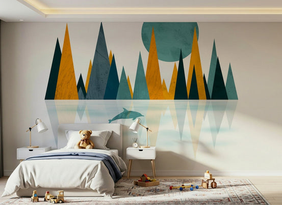 Dolphins Sunset wall mural ocean geometric art