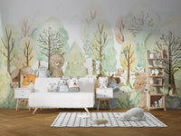Playful bears doodle-themed wall mural design
